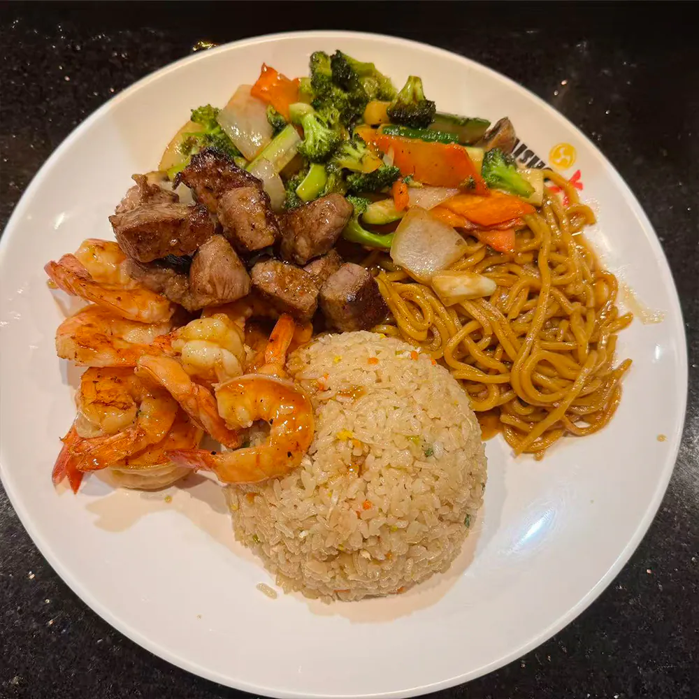 Assorted Hibachi Shrimp and Beef with Fried Rice and Lo Mein at Taisho Bistro, Japanese Izakaya in Rochester